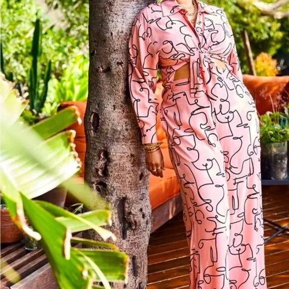 Elloqui Pink Abstract Print Button-Up Shirt and Pant Set - Picture 2 of 4